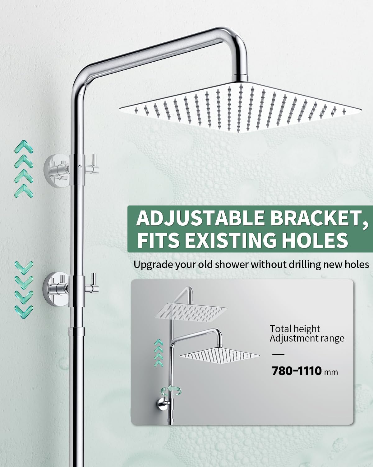 Thumbnail 4 de SunCleanse Shower Riser Rail Kit with 25cm Square Overhead Rainfall Head and Brass Diverter (Chrome)