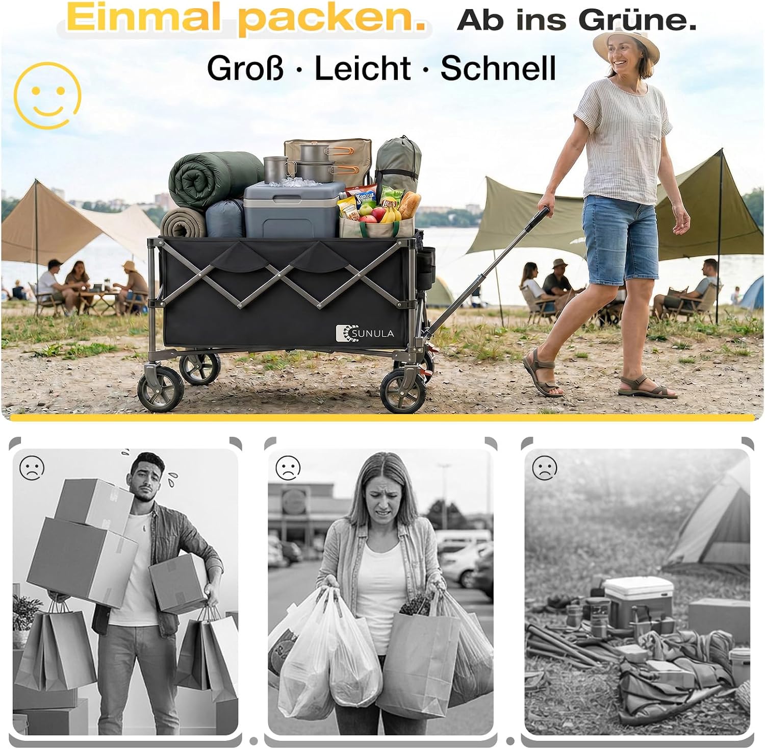 Thumbnail 1 de SUNULA Bollerwagen Faltbar Tragkraft 120KG – Klappbarer Handwagen mit EIN-klick-Handgriff, 4-seitig faltbar, Geländegängige Räder mit Bremsen, 150L, Schwarz
