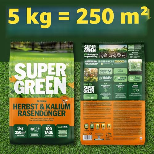 Detalle de SUPERGREEN Herbst- & Kalium-Rasendünger Langzeit bis 100 Tage – 5 kg für 250 m², NPK 5-10-22, nitratfrei
