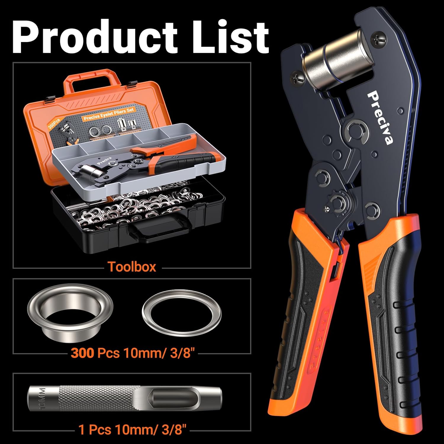 Detalle de Preciva Eyelet Punch Kit 10mm Grommet Tool Set with Ratchet – 300 Eyelets, 10mm Punch, Case
