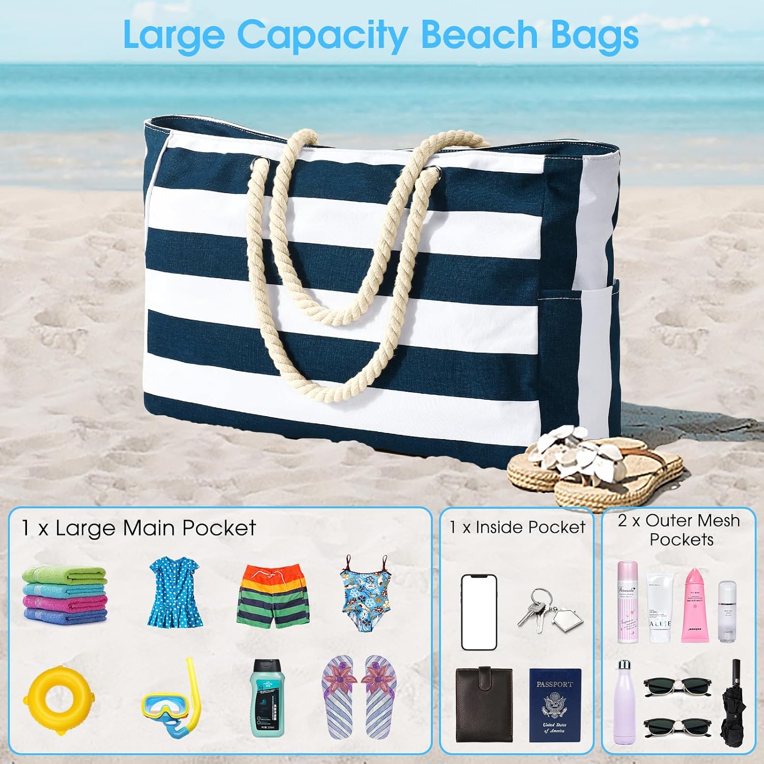 Thumbnail 6 de oscaurt Large Waterproof Beach Bag with Zip & Rope Handle – Extra Capacity Tote for Travel, Pool & Shopping