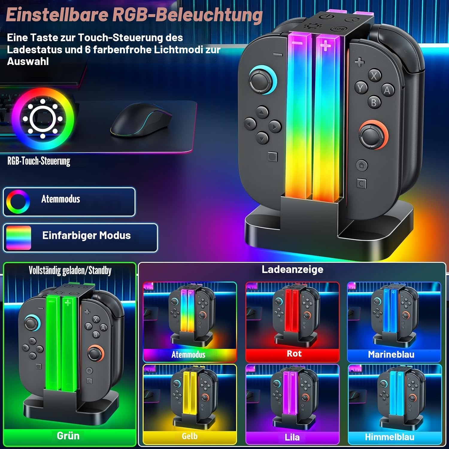 Detalle 2 de Wenocally Switch 2-Ladestation mit Joy-Con & OLED 6 RGB-Modi ⌚