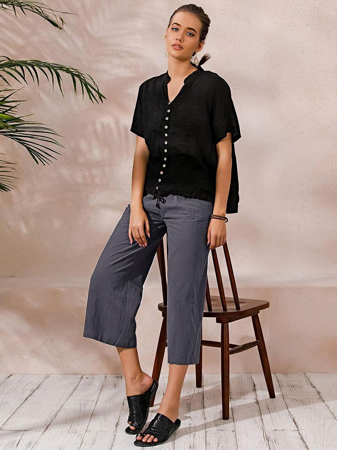 Detalle 2 de Womens Cotton Cropped Pants: Loose Fit Wide Leg Capri