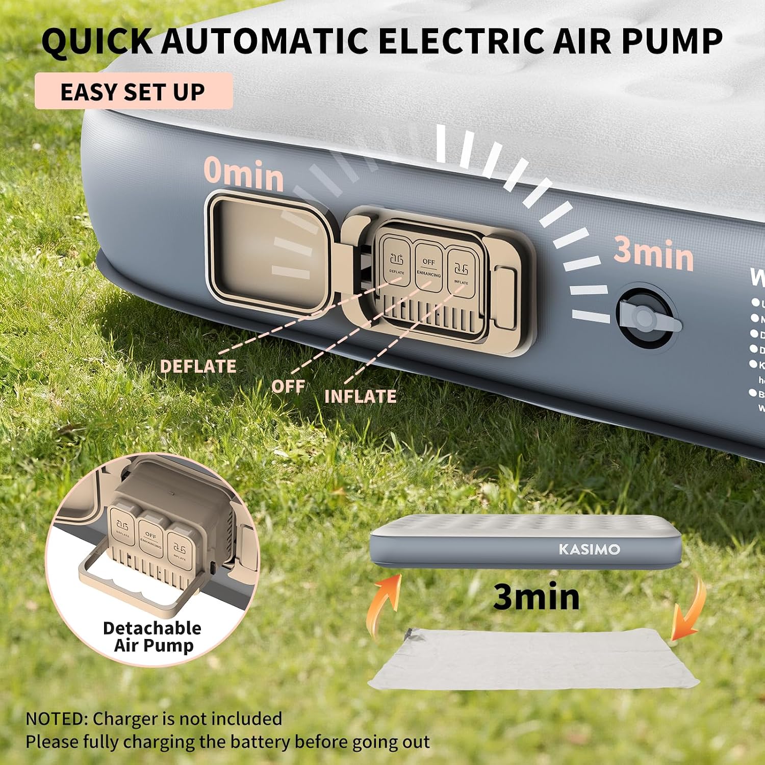 Detalle 2 de KASIMO Queen Air Mattress with Rechargeable Pump, Suede Surface and 10-Inch Height