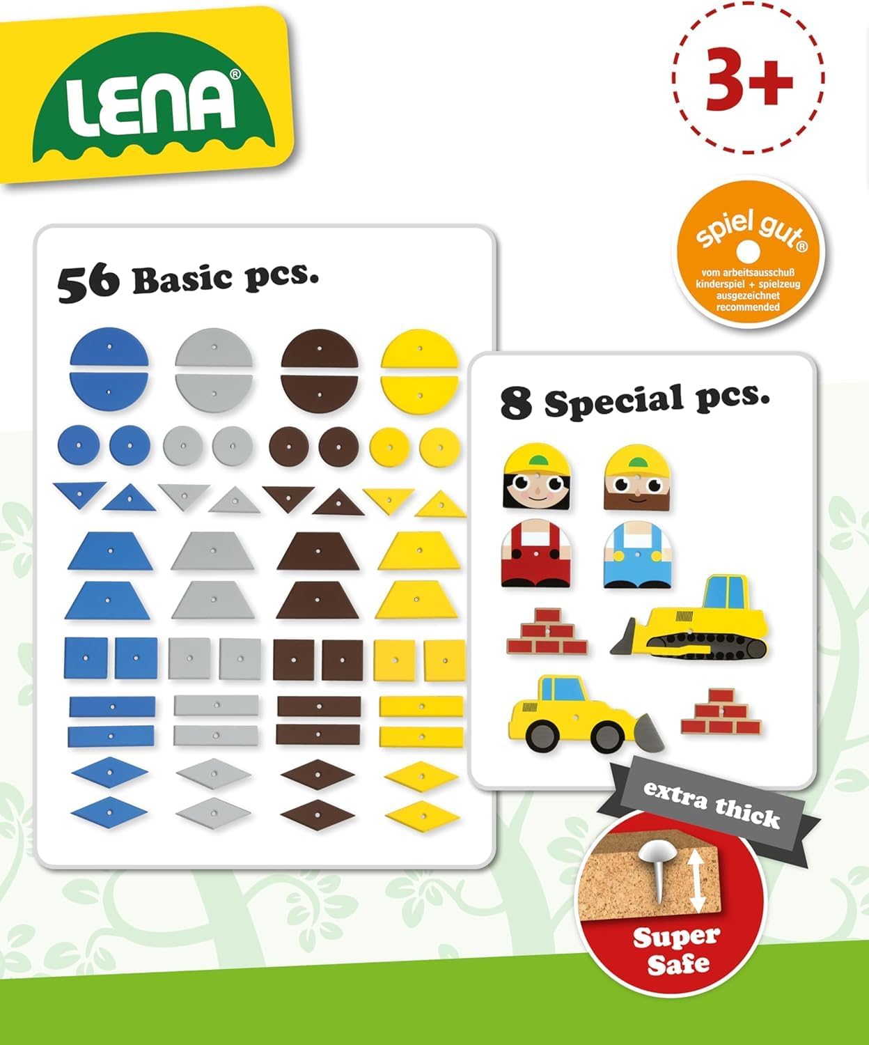 Detalle 2 de Lena 65828 Hammerspiel – Nagelspiel mit 64 bunten Plättchen, Korkplatte 28 × 19,5 cm