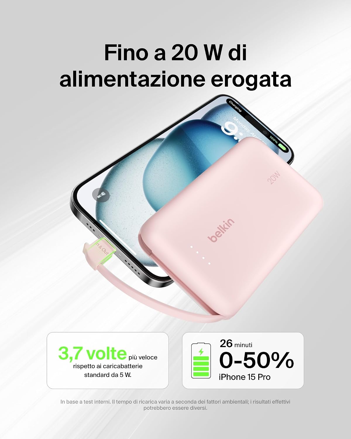 Detalle 2 de Belkin BoostCharge power bank 10.000 mAh con cavo USB‑C integrato e uscita 20 W PD