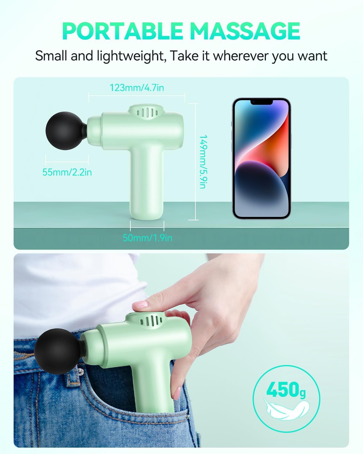 Detalle 2 de Lefity Mini pistolet massage : massage profond portable à 30 vitesses, LCD et 4 têtes