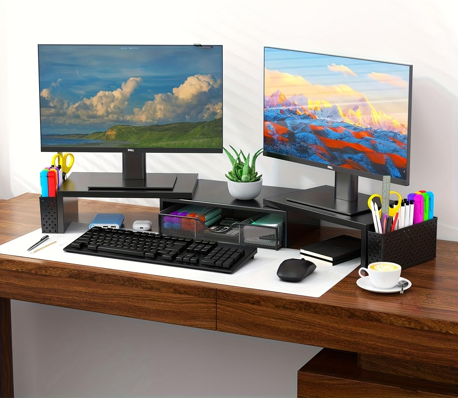Thumbnail 4 de Pygocereri dual monitor stand riser with drawer and pen holders (adjustable height/angle) – metal black