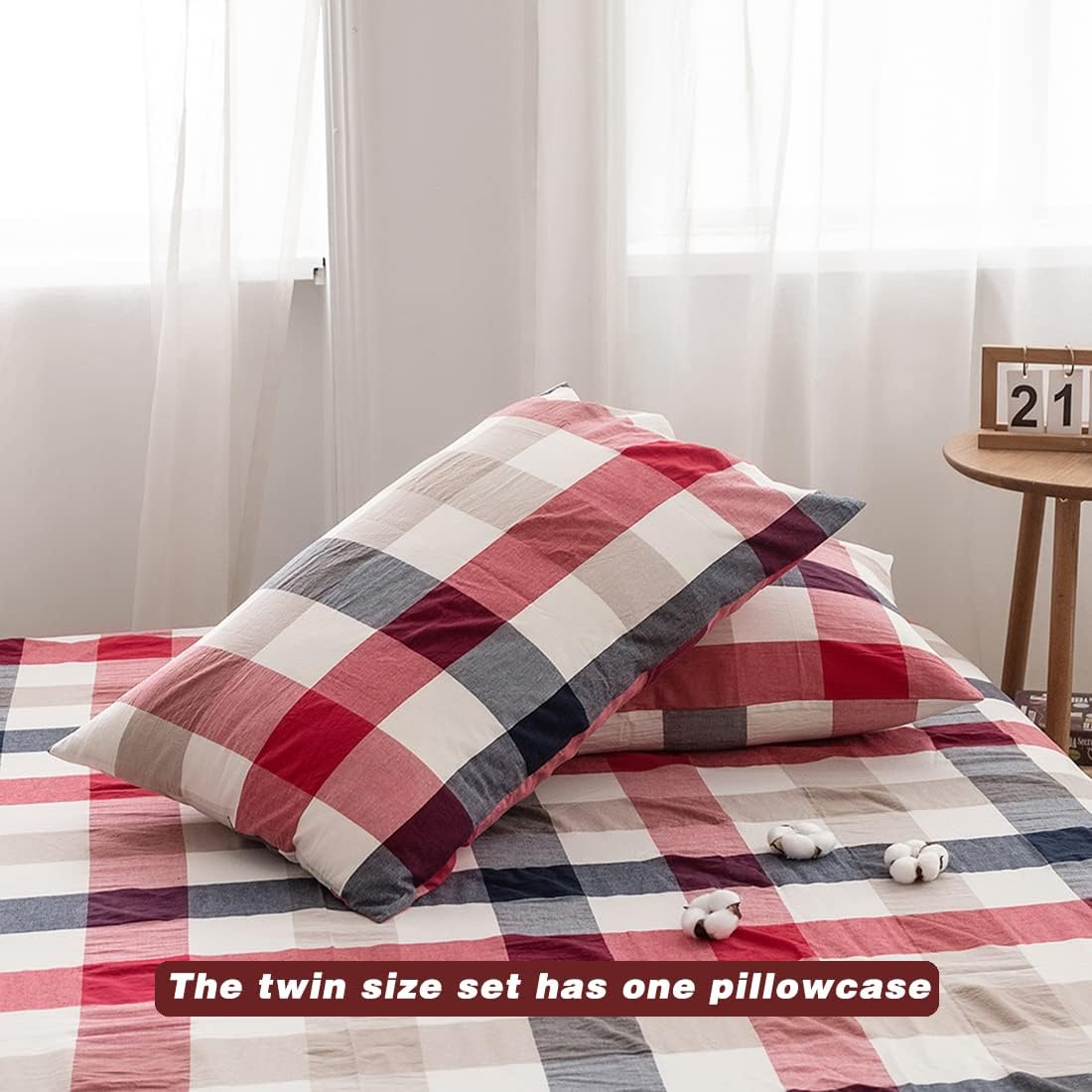 Thumbnail 5 de FACE TWO FACE Twin Duvet Cover Set, 100% Washed Cotton, Blue Red Grid