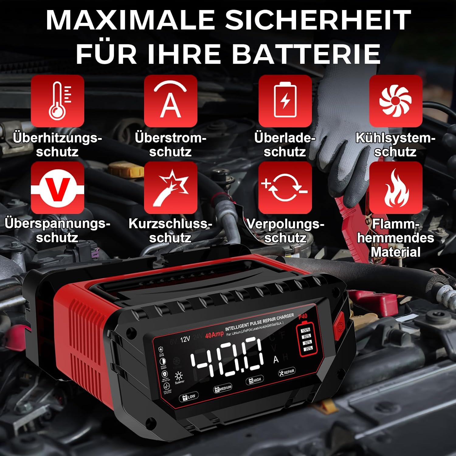 Thumbnail 6 de 40A Autobatterie Ladegerät – 6V/12V/24V LiFePO4 Ladegerät für Auto, Motorrad, Boot und mehr