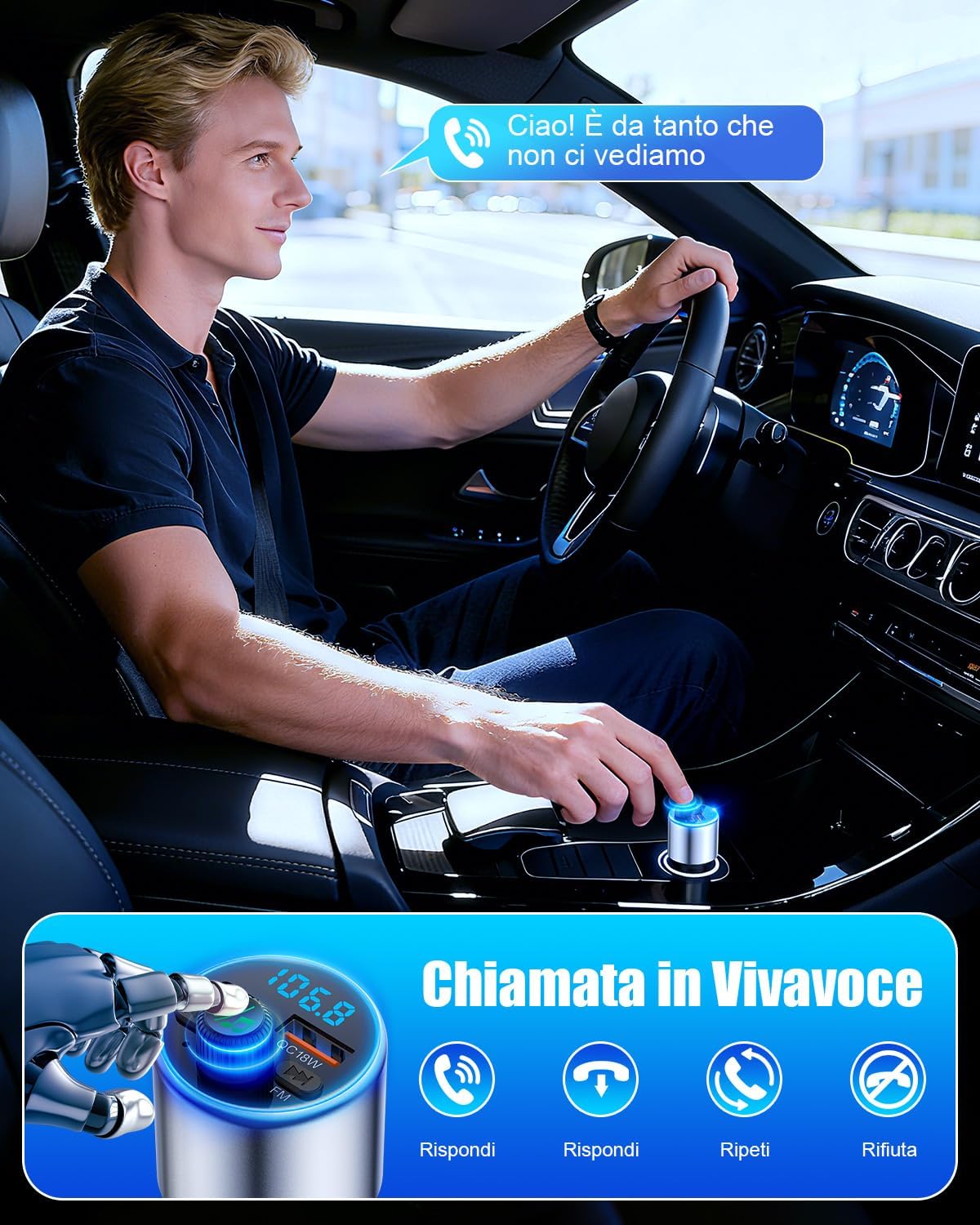 Thumbnail 3 de EOIWUY Aggiornato Trasmettitore FM Bluetooth 5.3 per Auto con ricarica rapida PD36W + QC3.0, suono Hi-Fi e indicatore di tensione
