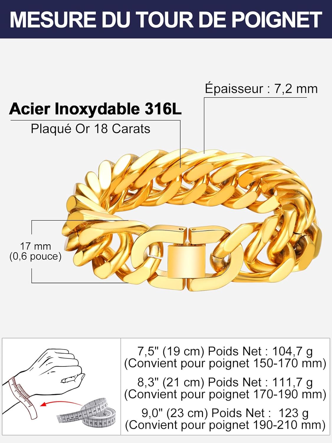 Thumbnail 5 de Bandmax Bracelet Cubain Homme acier inoxydable 316L plaqué or jaune – longueur 21 cm, style hip hop