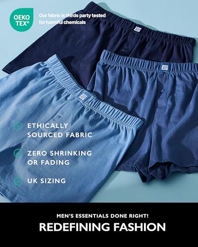 Detalle de Giovici Mens Boxers Loose Fit – 3 Pack, Blue (L) in 100% Soft Jersey Cotton with Button Fly