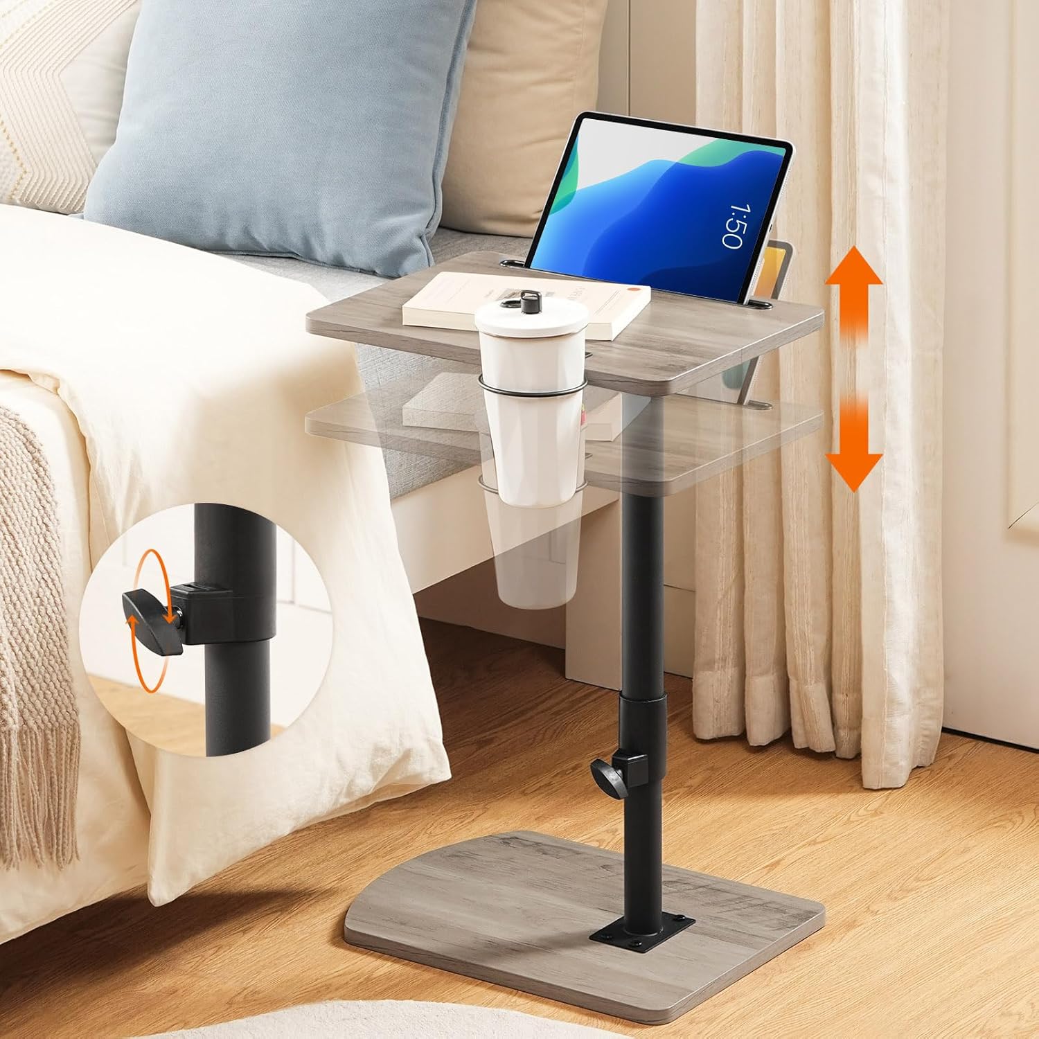 Thumbnail 6 de HOOBRO Tavolino a Forma di C Regolabile in Altezza con Piano Rotante a 360°, Portabicchieri Rimovibile e Slot per Tablet | Grigio Invecchiato/Nero
