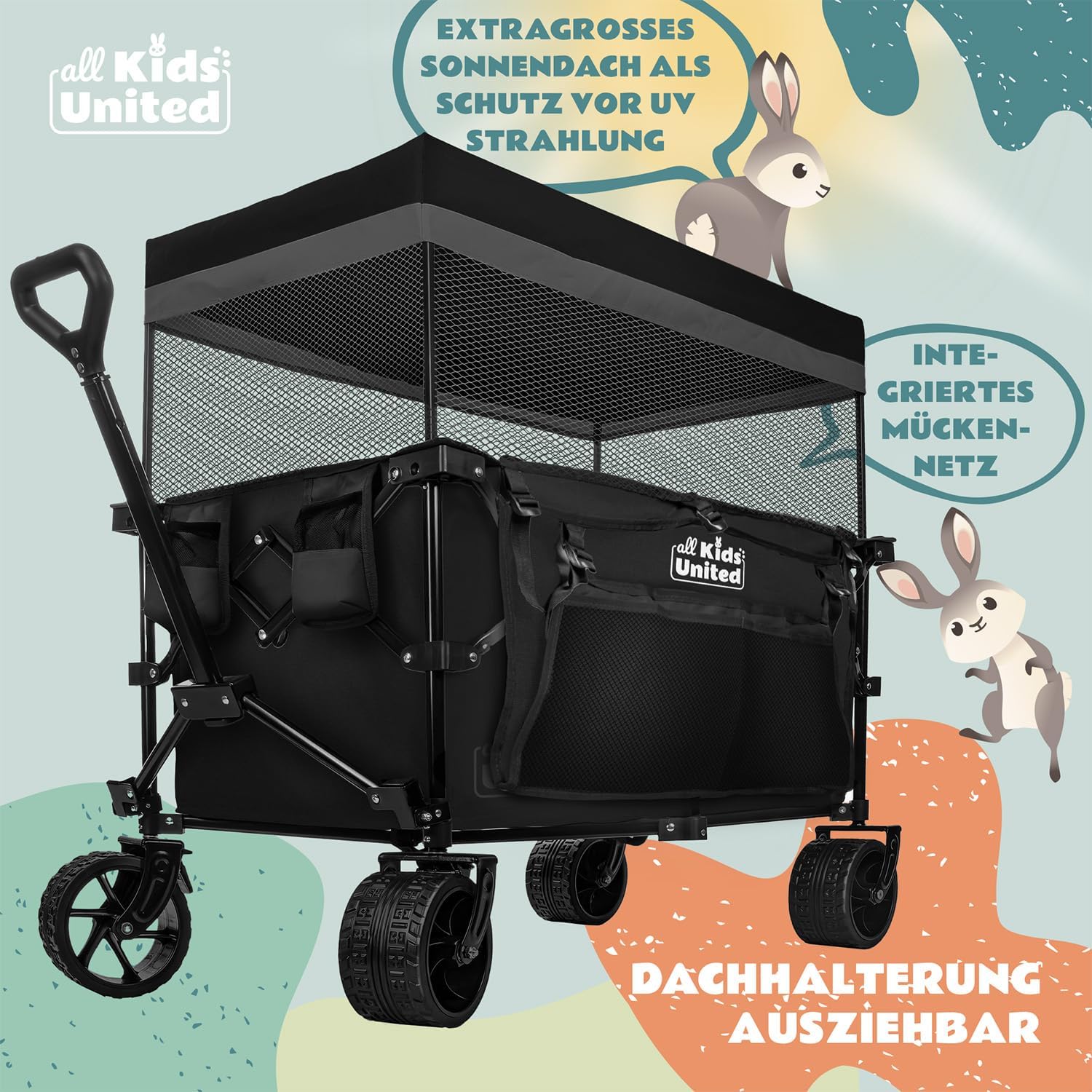 Thumbnail 3 de Faltbarer Bollerwagen Transportkarre (Strand-Buggy bis 90 l, 150 kg) mit XXL Geländerädern, Bremse & verstellbarem Griff – Schwarz