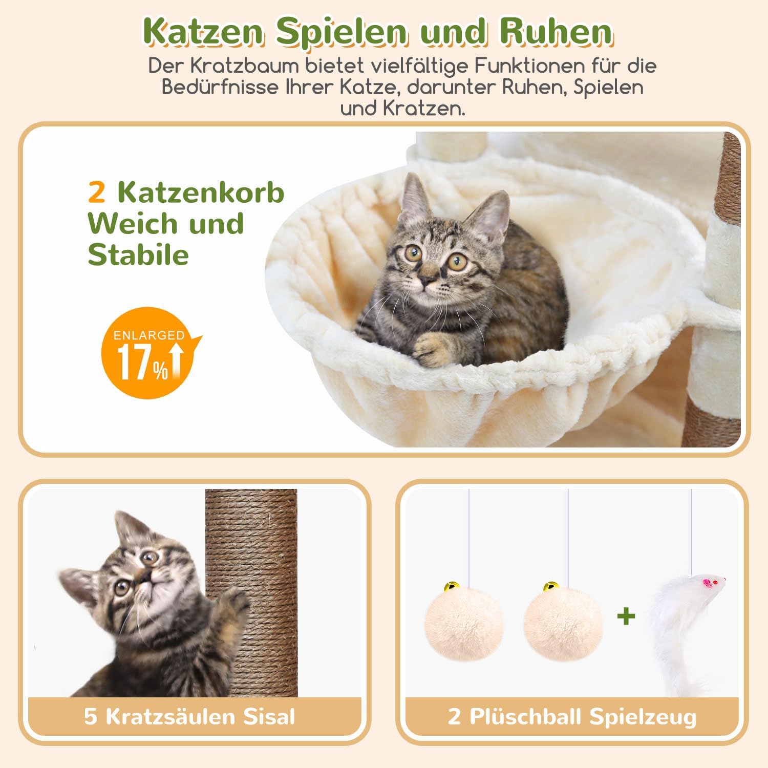Detalle de Globlazer Kratzbaum Beige XXL mit 2 extragroßen Katzenhäusern – kippsicher, für große Katzen