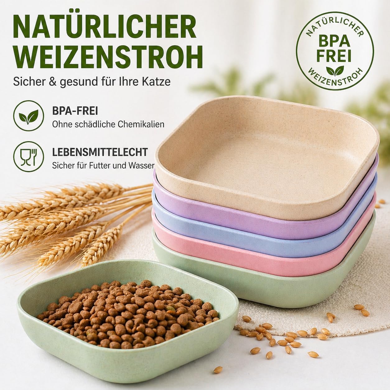 Detalle 2 de Zoenif Katzennapf, 10 Stück – Whisker Friendly Flachfressnapf aus Weizenstroh