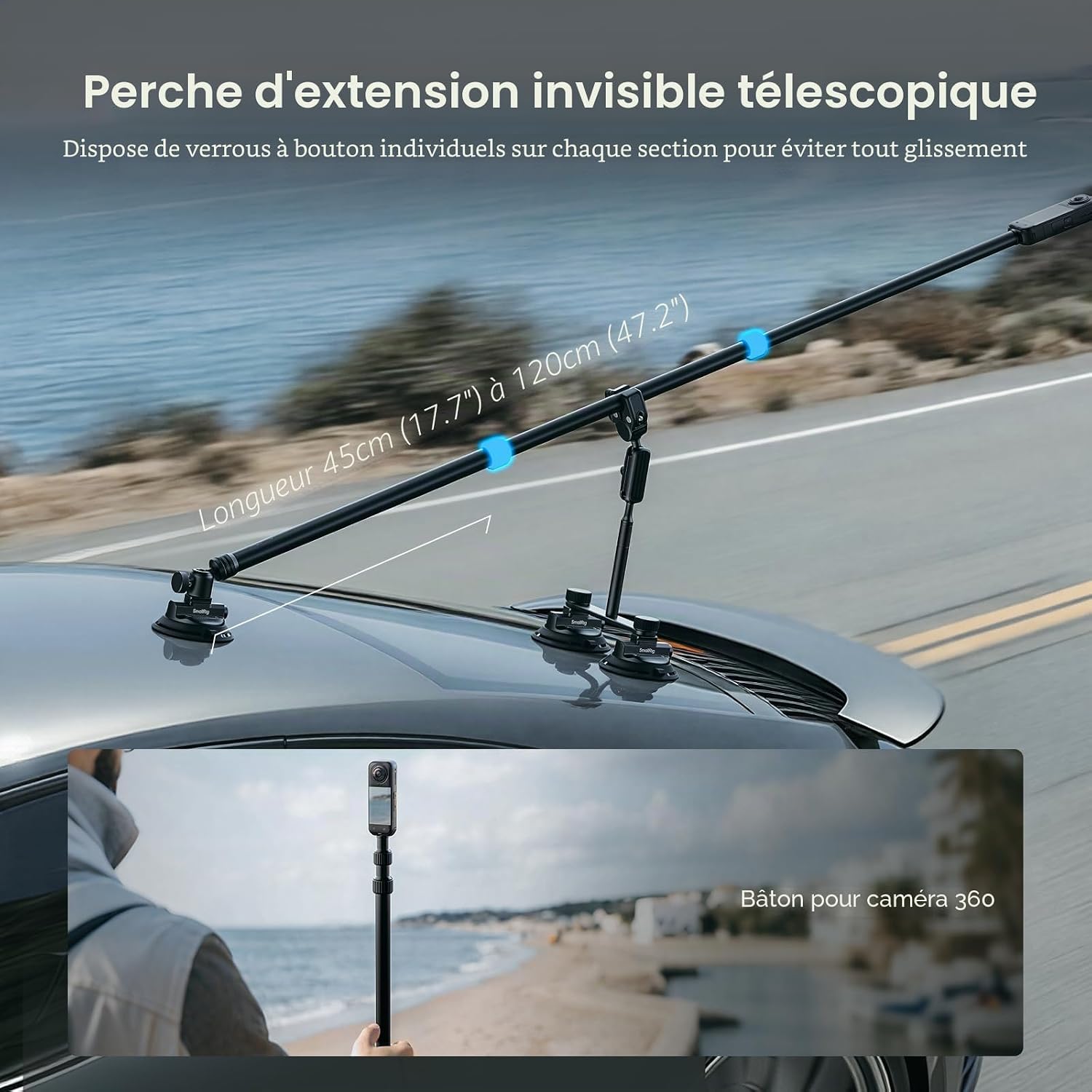 Thumbnail 5 de SmallRig Support Voiture pour Insta360/XOSMO/GoPro – Kit ventouse triple et perche télescopique 120 cm (5843)