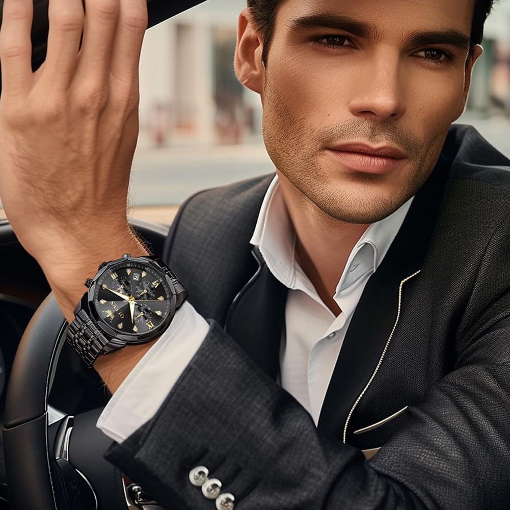 Detalle de OLEVS Herren Quarz Business-Uhr mit Chronograph, Mondphase & Datum – wasserdicht, Edelstahl