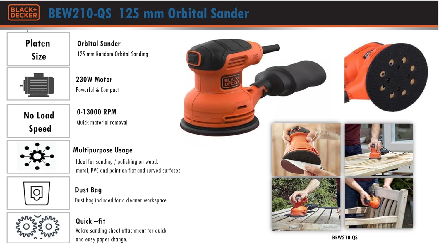 Thumbnail 5 de BLACK+DECKER BEW210-QS Ponceuse excentrique 230W 🛠