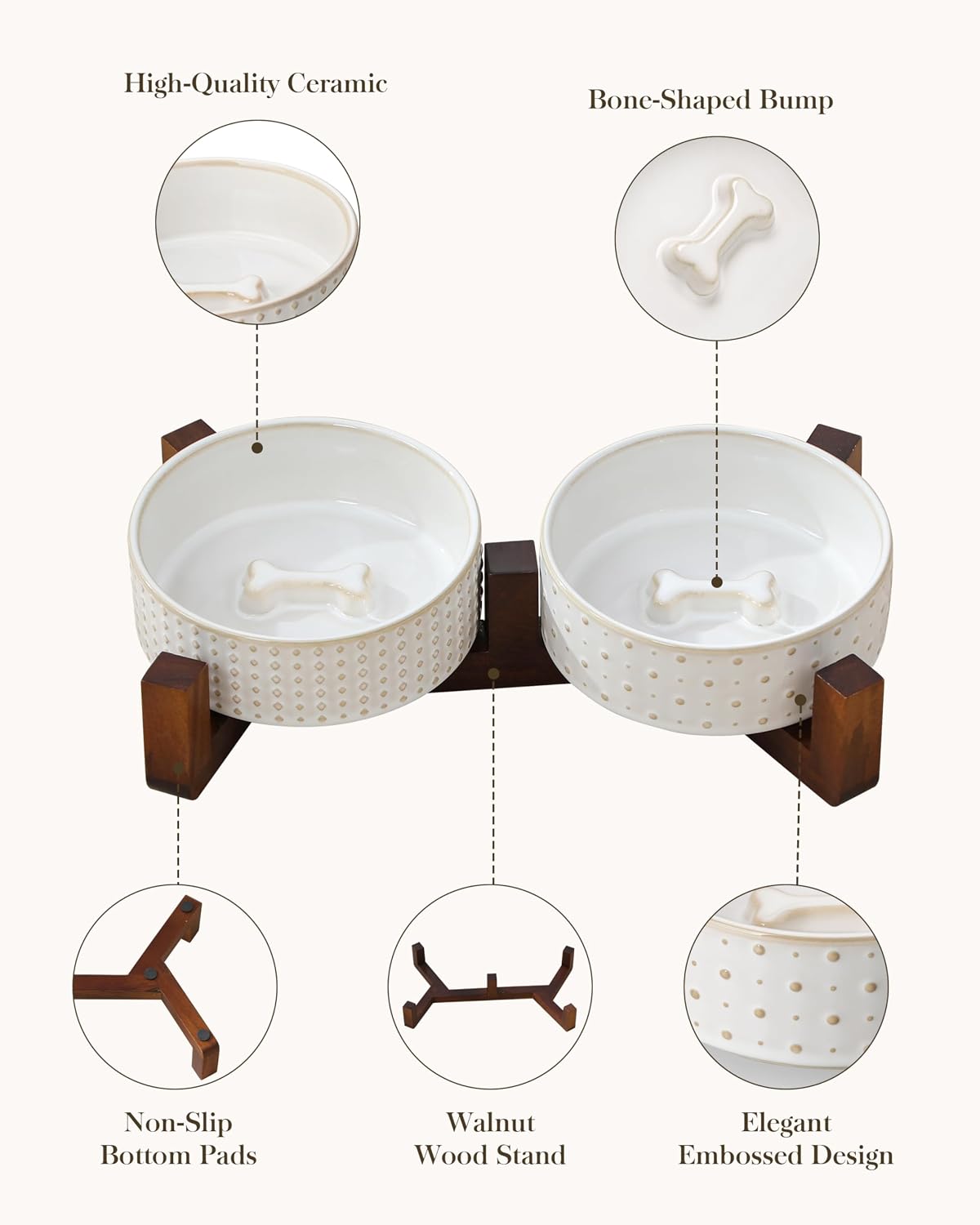 Detalle 1 de MALACASA LYDIA Ceramic Pet Bowl Set with Walnut Wood Stand, Non-Slip Base