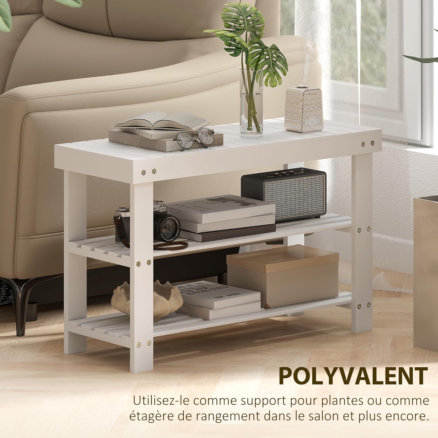 Thumbnail 5 de Banc à chaussures HOMCOM en bambou 3 niveaux — design scandinave, blanc, 70 × 28 × 45 cm