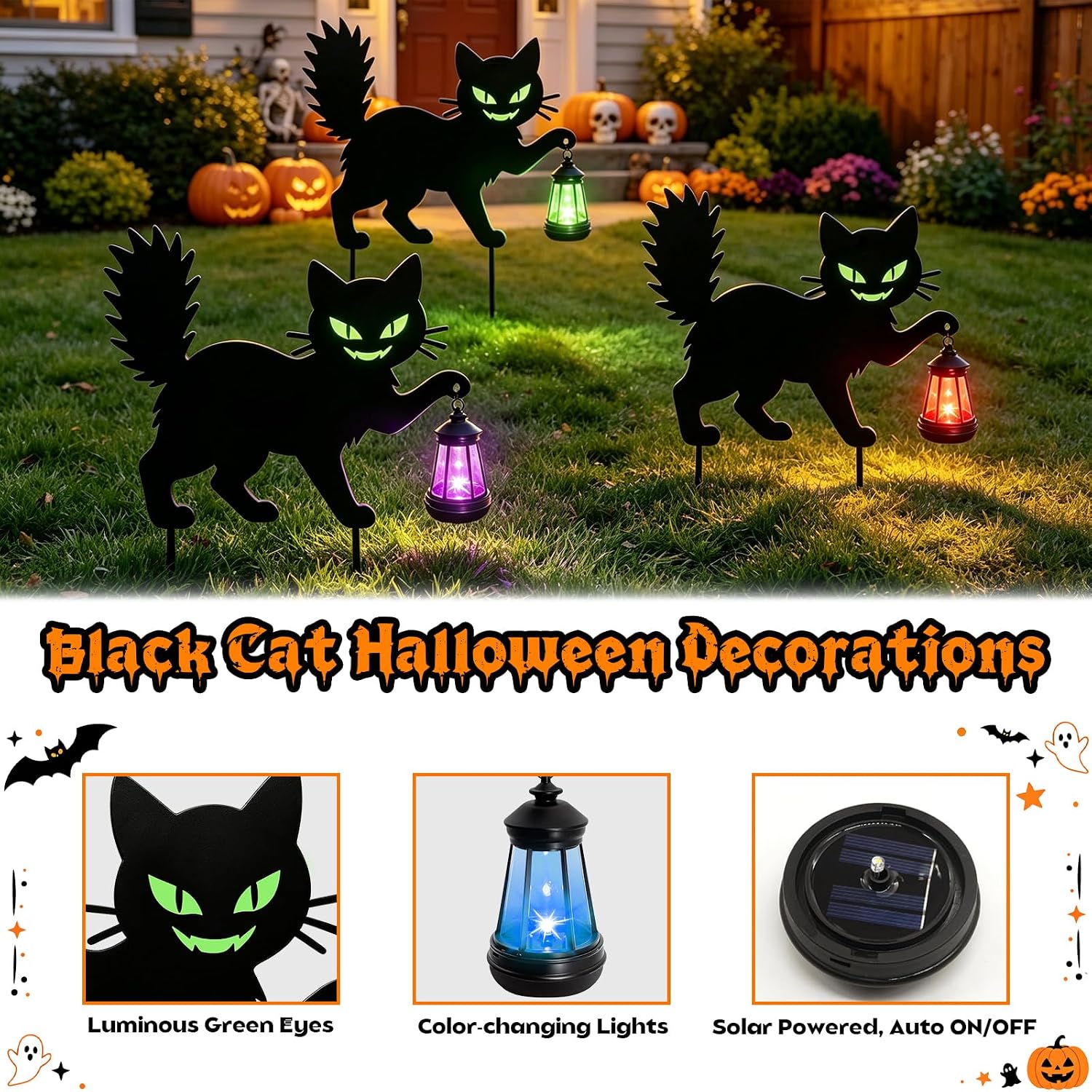 Detalle de yulloyello LL-WS-ZMMTD-2P Halloween Black Cat Yard Signs, 2-Piece Metal Set
