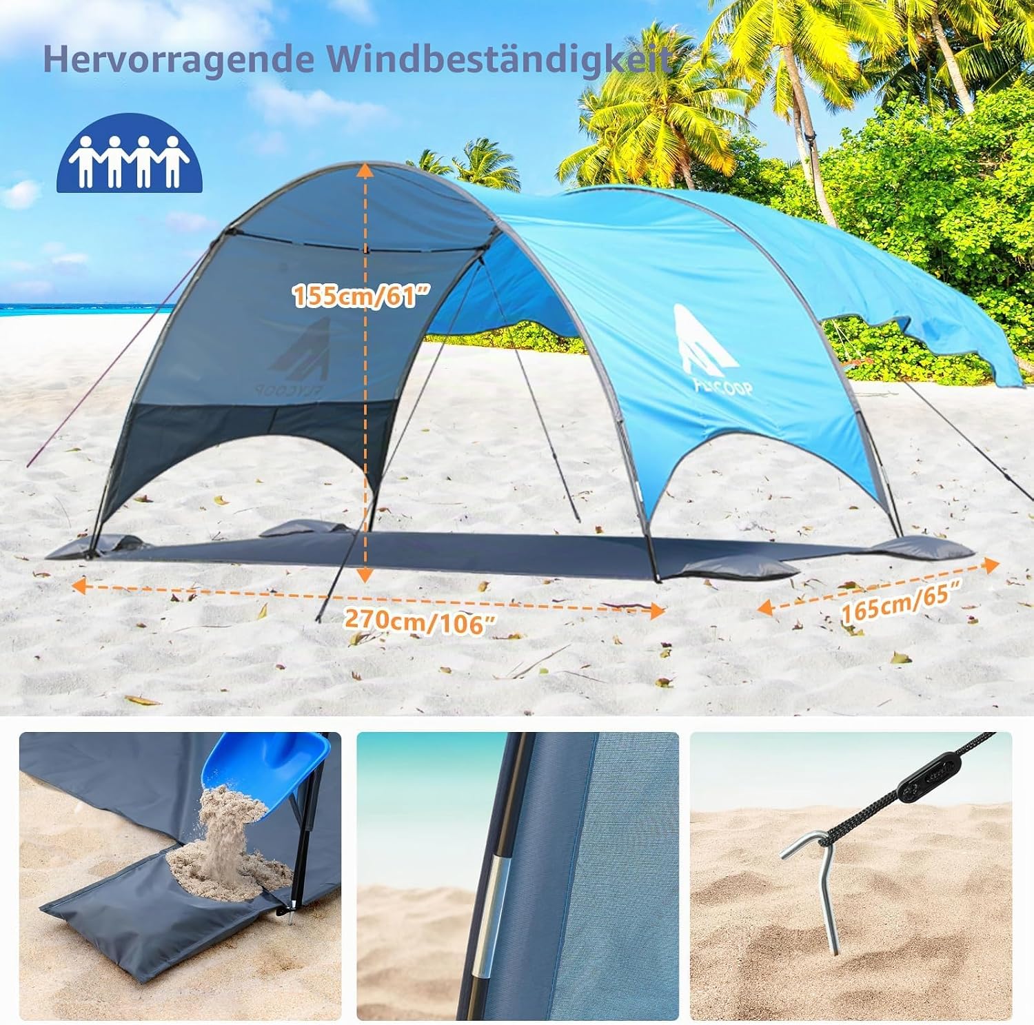 Detalle 2 de Strandmuschel mit UV-Schutz UPF 50+ – Tragbares Beach Canopy (270×165×158 cm) für 3–4 Personen