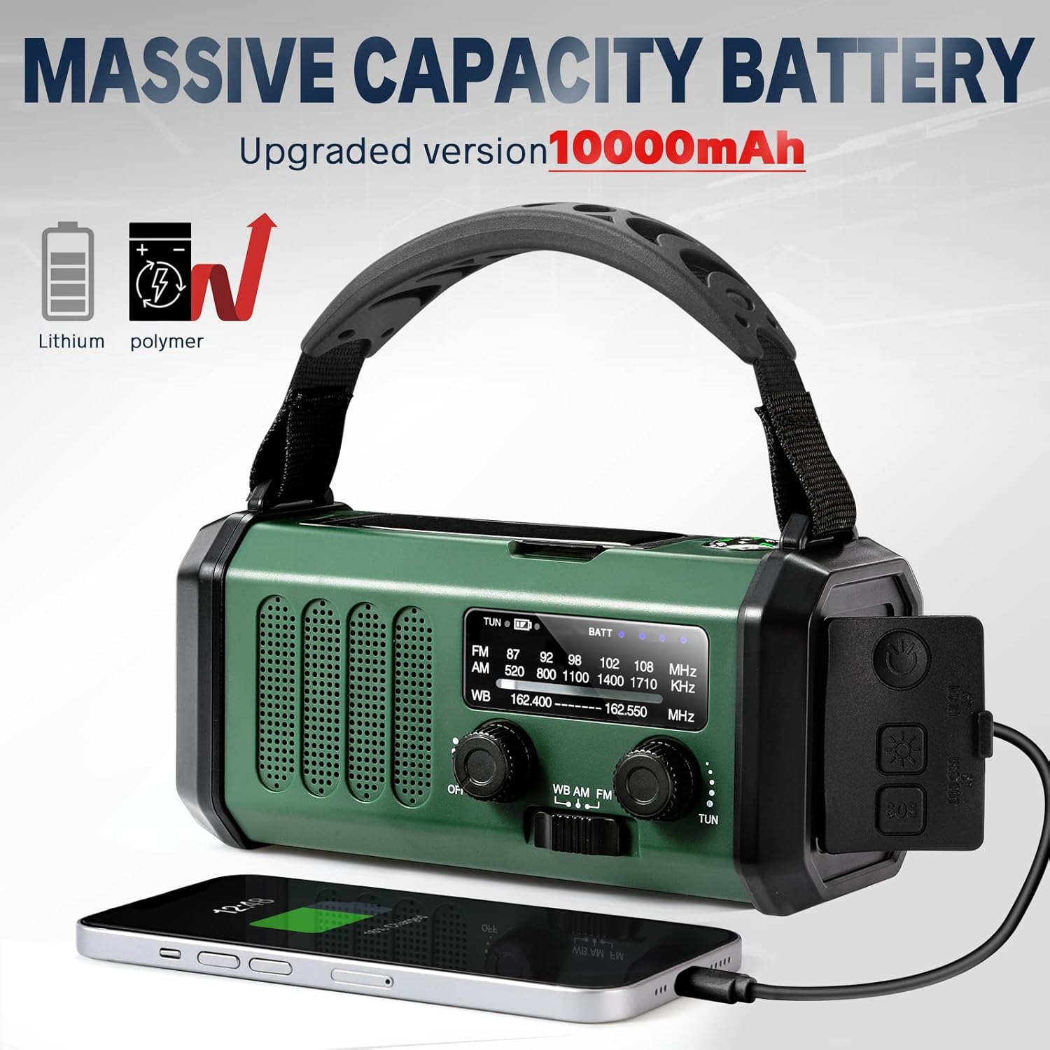 Thumbnail 1 de Hand Crank Emergency Radio with NOAA Weather & AM/FM, Solar + 10,000mAh Battery