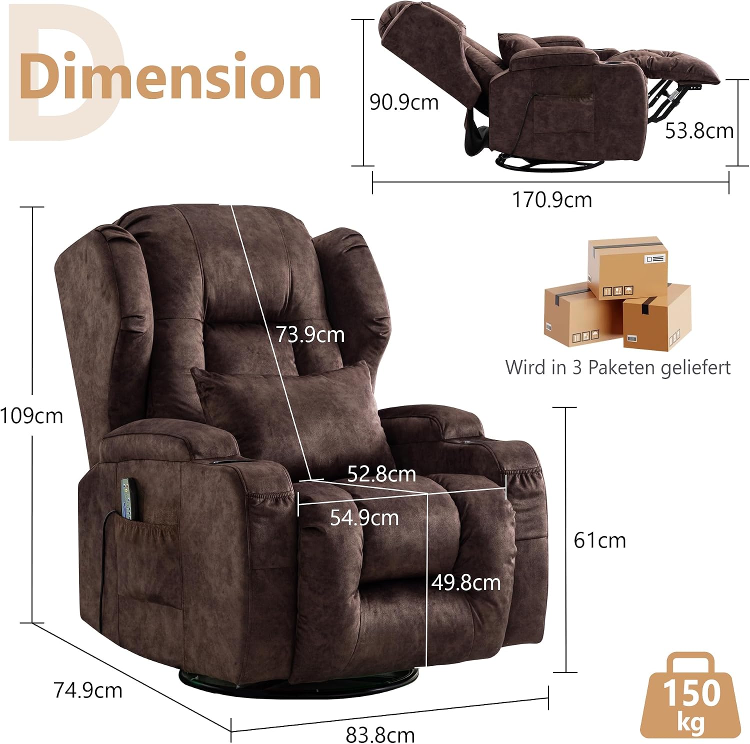 Thumbnail 2 de SITURAY 2-Motoren Elektrisch Verstellbarer Relaxsessel mit Liegefunktion, Drehbarer TV-Sessel inkl. Massage und Wärme – Samt Braun (2er-Set)