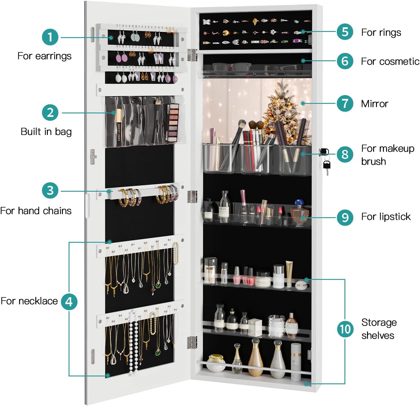Thumbnail 5 de Dripex White Jewelry Organiser Wardrobe — Lockable Jewellery Mirror