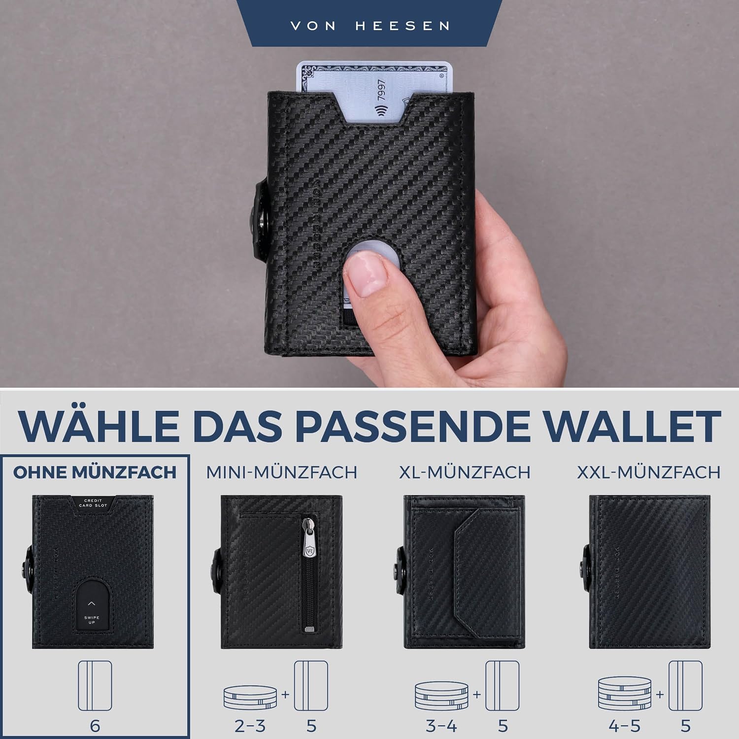 Detalle de VON HEESEN Slim Wallet mit RFID-Schutz – Kleine Geldbörse aus Echtleder, Carbon-Schwarz