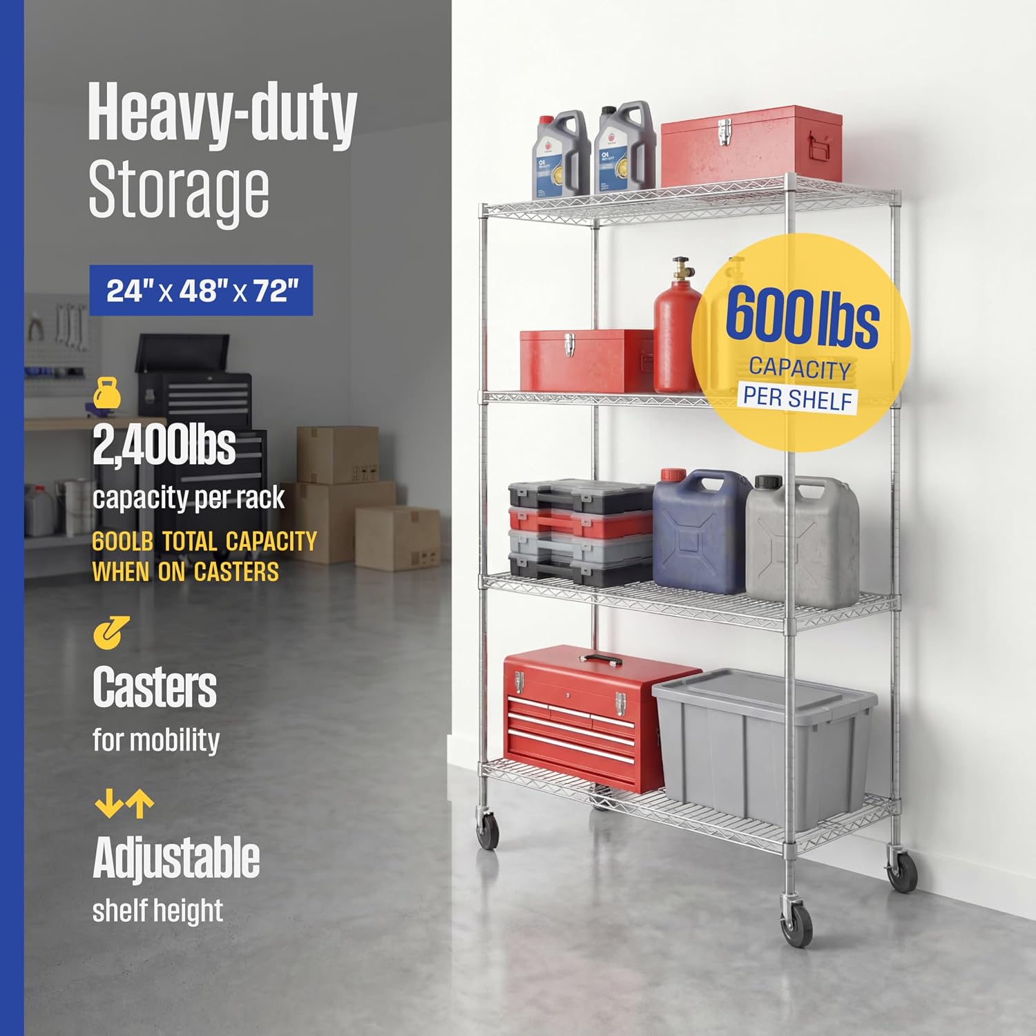 Thumbnail 3 de SafeRacks WS1 4-Tier Wire Shelving, 48 x 24 x 72 in, Wheels, Zinc Finish