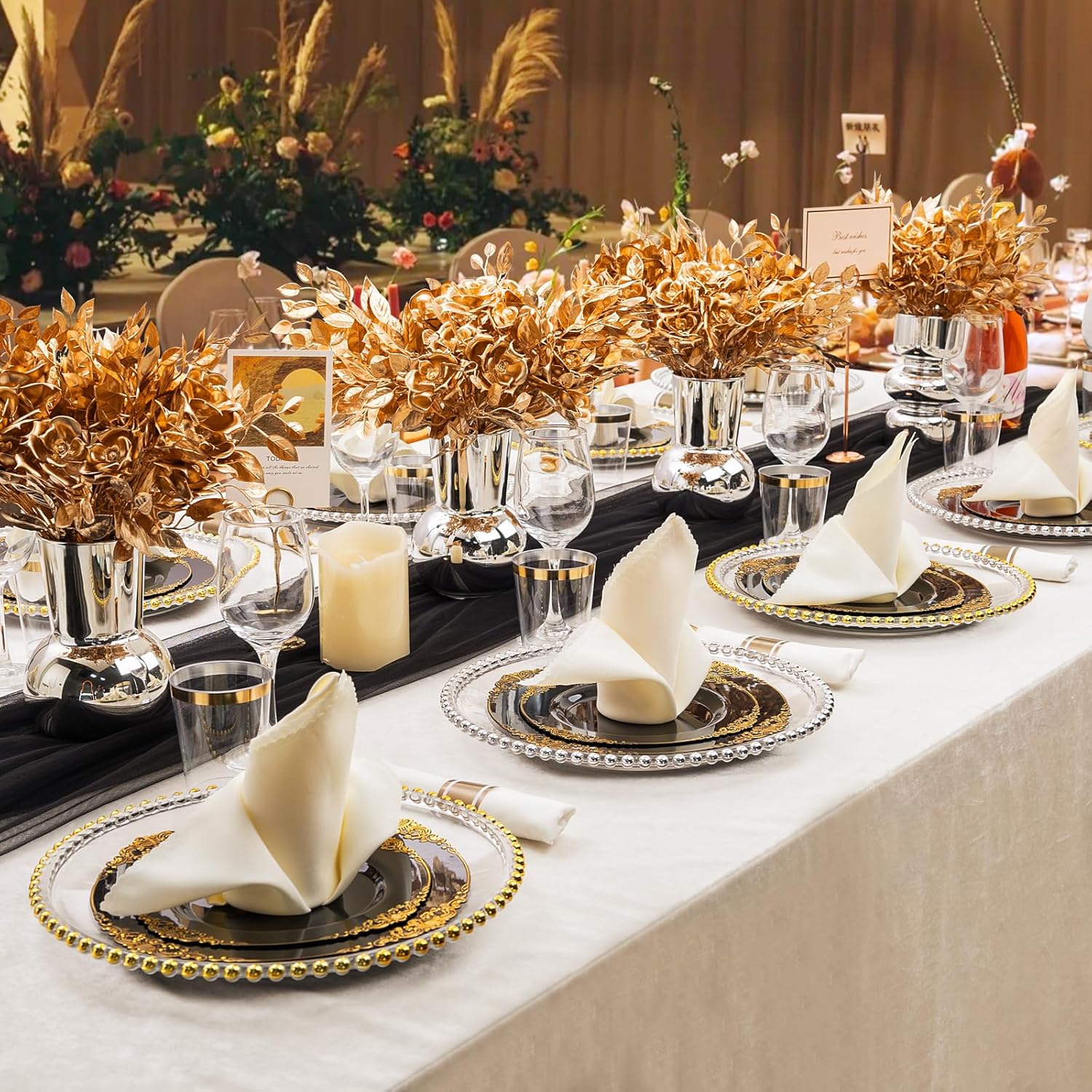 Thumbnail 6 de Hioasis 350pcs Black & Gold Party Plates Set for 50 Guests