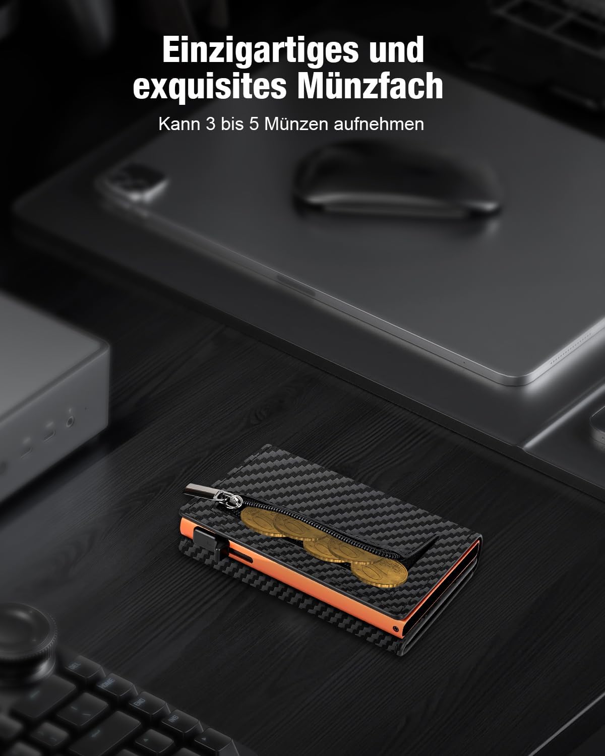 Thumbnail 6 de Slim Kartenetui für Herren mit Münzfach & ID-Fenster – Schwarz/Orange
