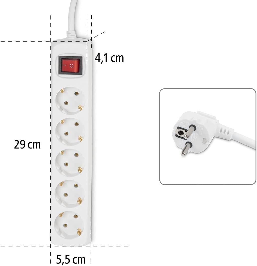 Detalle de Hama Multiprise 5 Prises 16A avec Interrupteur – Rallonge 1,4 m, Type F Schuko, 3500W