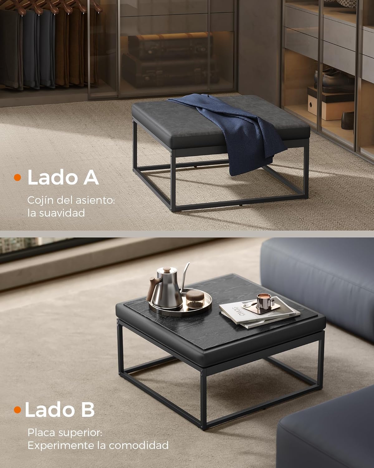 Detalle 1 de SONGMICS HOME Luiz - Mesa de Centro Cuadrada Minimalista 🖤
