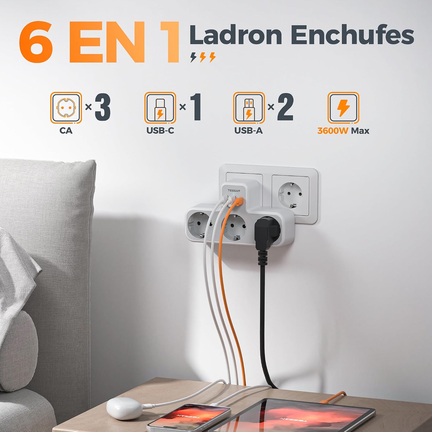 Detalle 2 de TESSAN Ladron Enchufes Plano 6 en 1 con USB ⚡