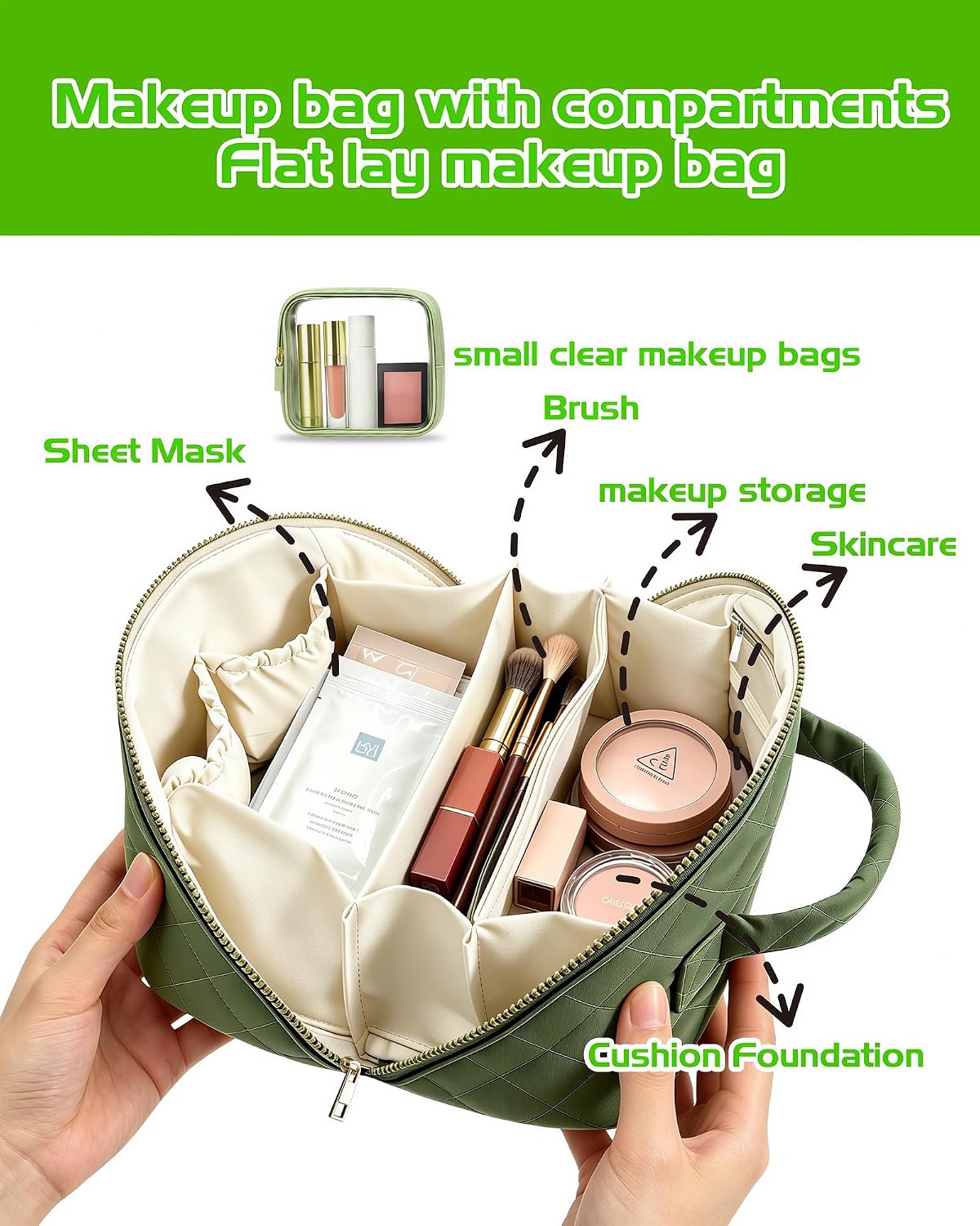 Thumbnail 5 de Travel Makeup Bag for Women: Large Flat Lay Case with Compartments, Clear Brushes Pocket and Wet Pocket (Green)