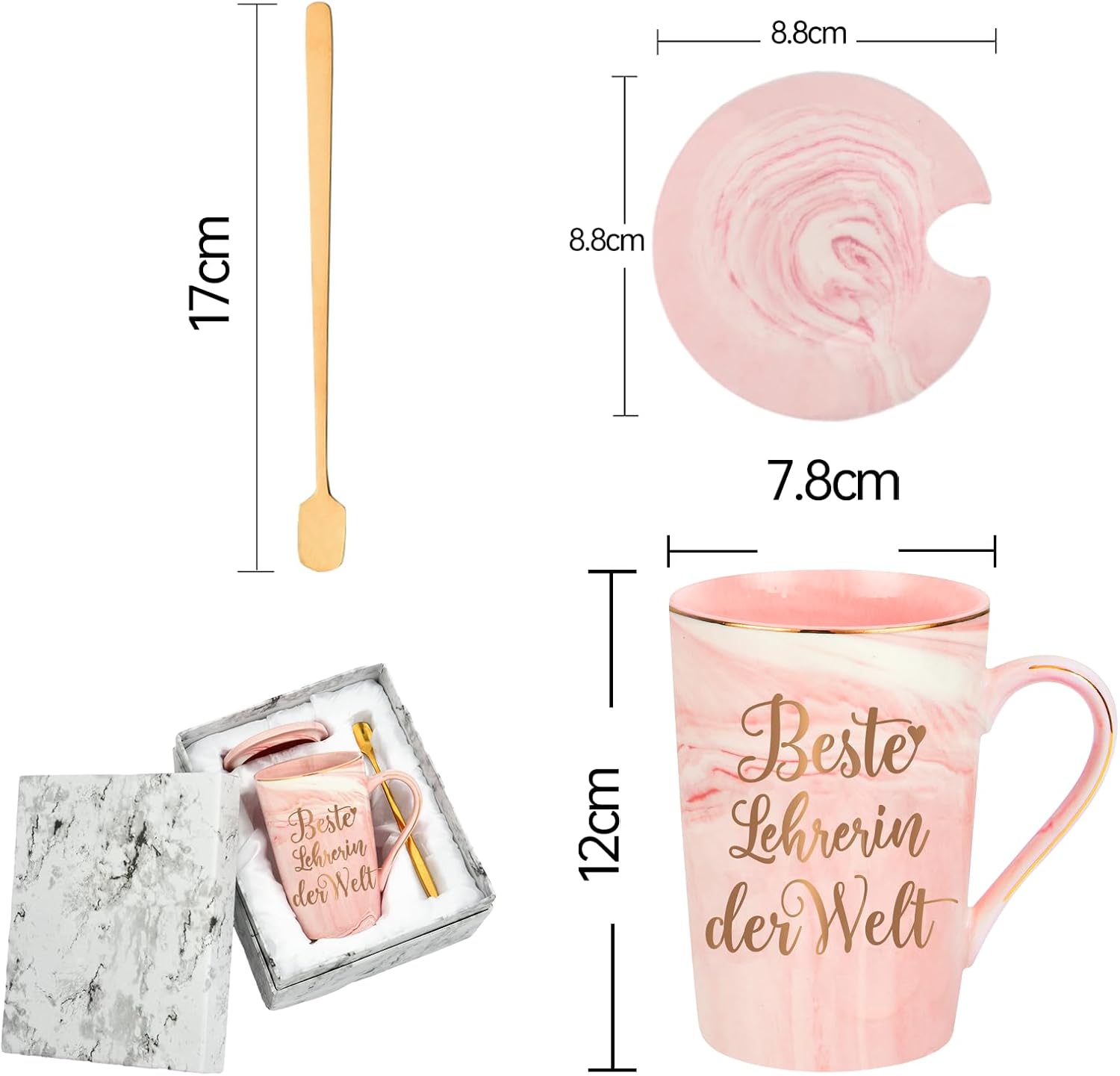 Thumbnail 6 de Diztoud Lehrerin Geschenk – Keramik-Kaffeetasse 400 ml in Rosa mit Deckel, Löffel und Geschenkbox
