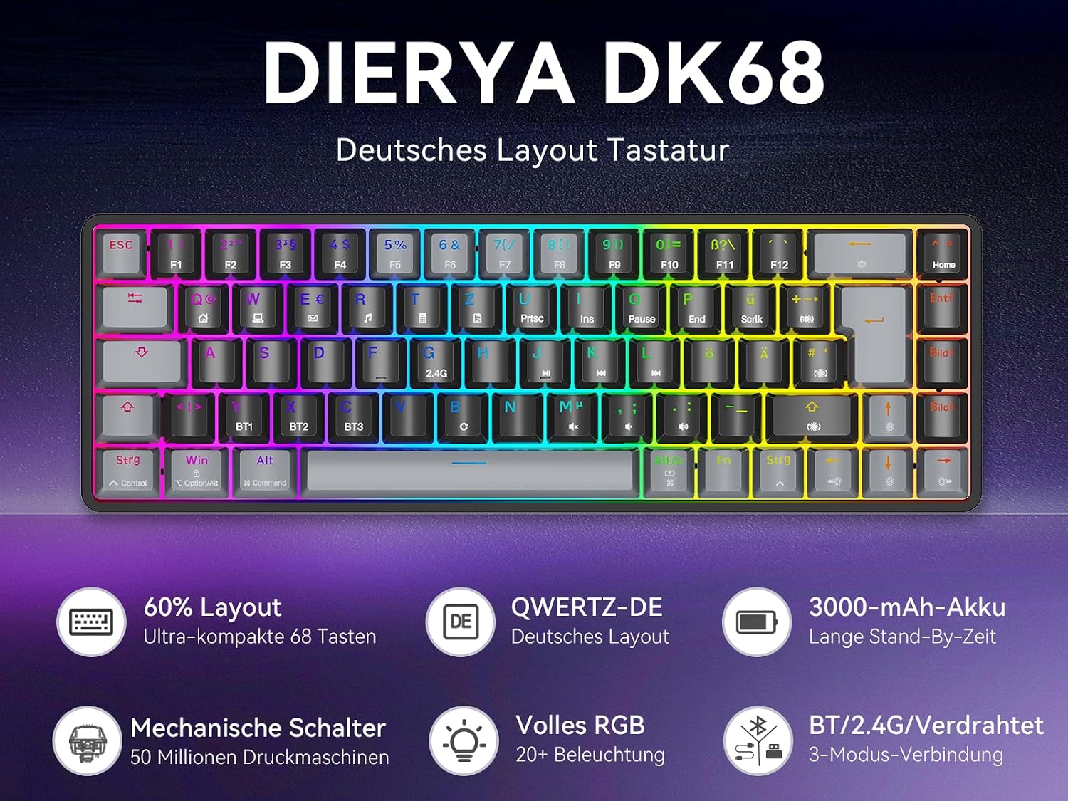 Detalle 2 de Dierya DK68 Kabellose Gaming Tastatur 3000 mAh ⌨