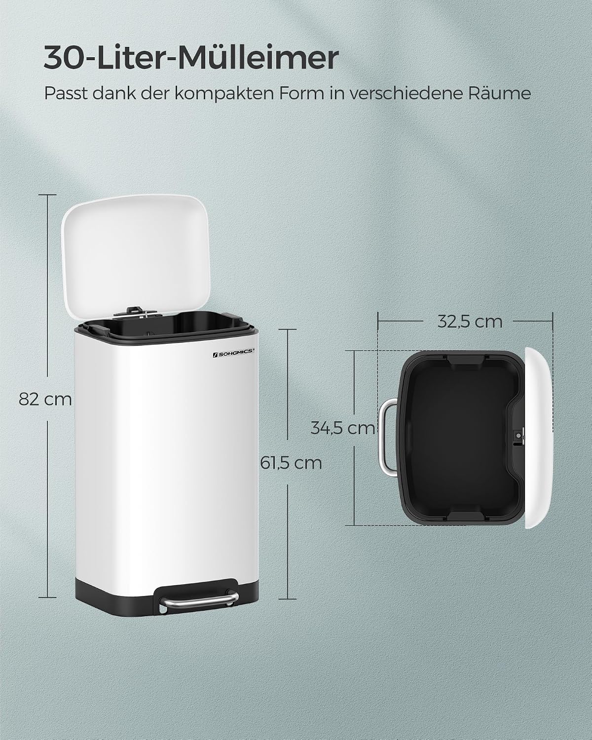 Detalle 2 de SONGMICS Tretmülleimer Küche 30 Liter (LTB01W) aus Stahl mit Softclose und Deckel
