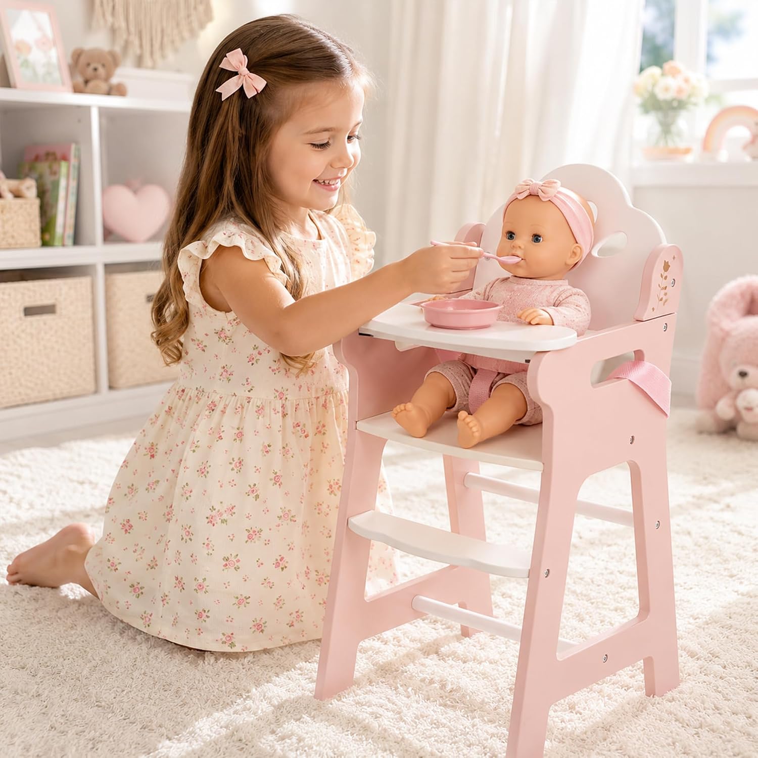 Thumbnail 1 de ROBOTIME Baby Puppen Hochstuhl aus Holz – Rosa, für Puppen bis 18 Zoll