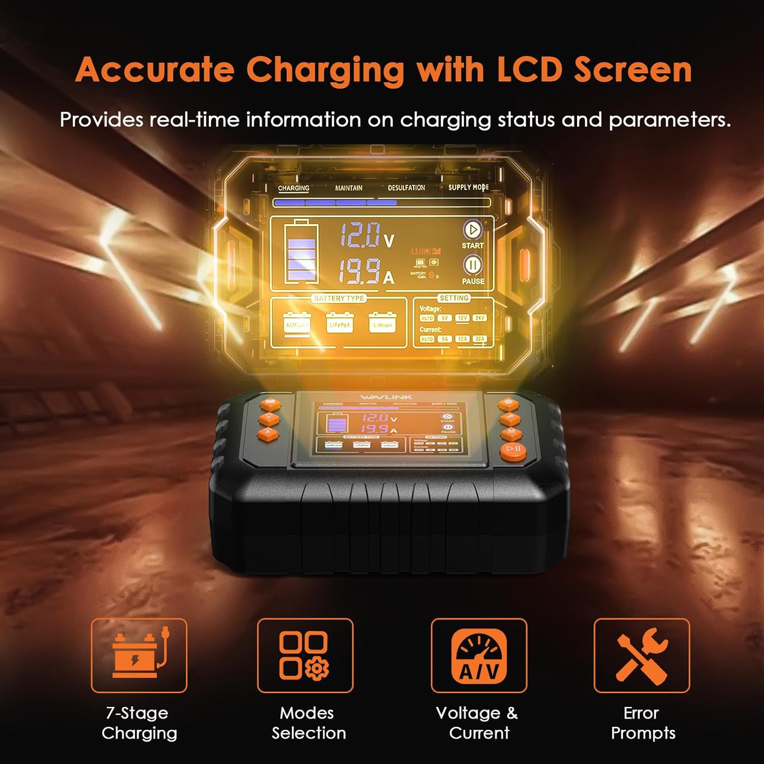 Thumbnail 3 de WAVLINK 280W Smart Battery Charger (Max 20A) for 6V/12V/24V Lead-Acid & LiFePO4