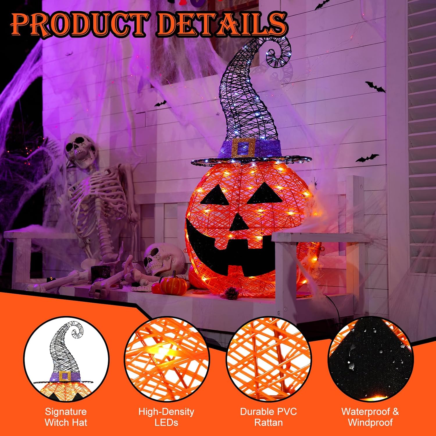 Detalle de MARACOL PUMPKIN-RA Lighted Halloween Pumpkin with Witch Hat, 75 LEDs