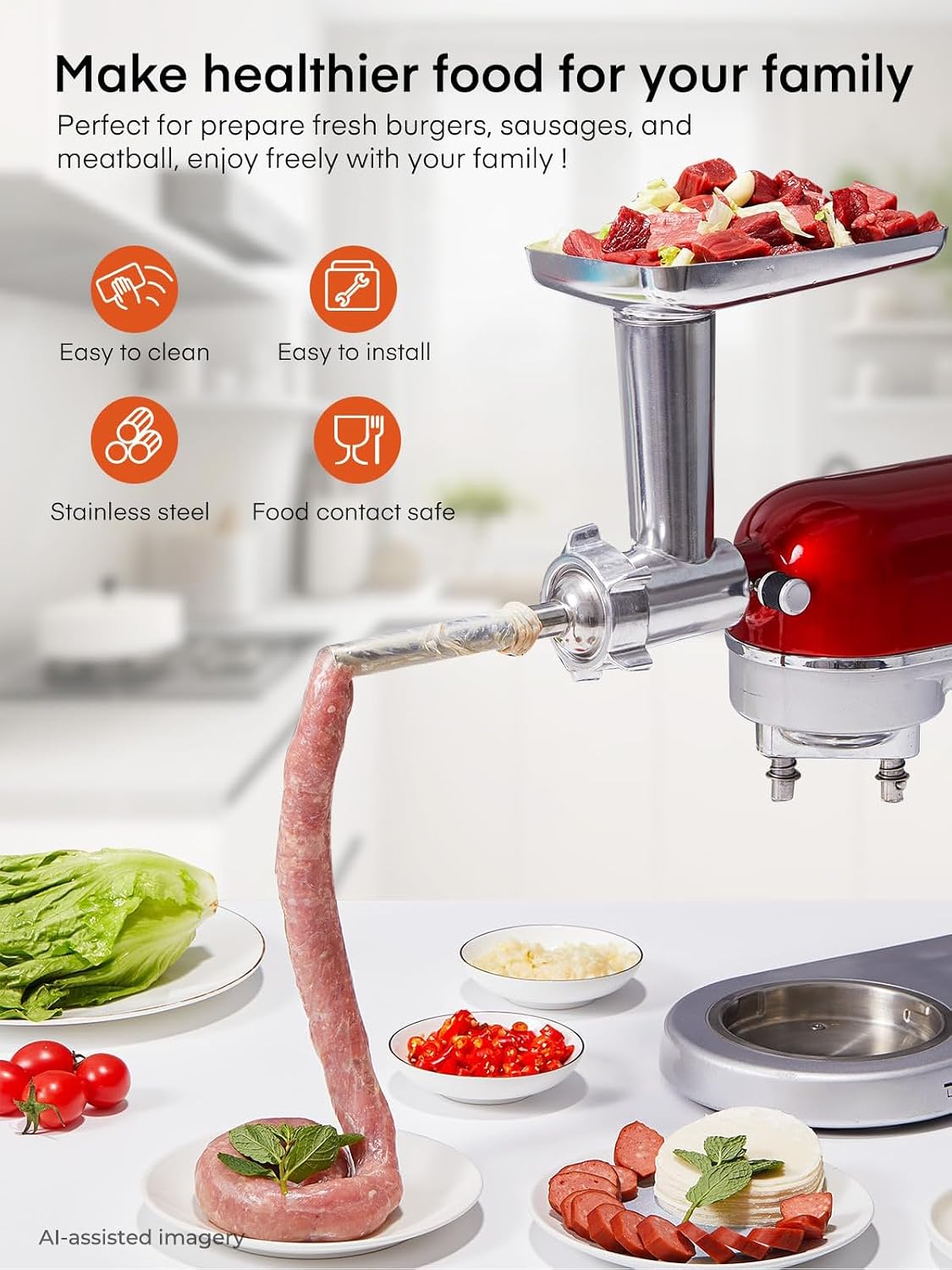 Detalle 2 de FOHERE KA-MG vleesmolenopzetstuk voor KitchenAid, 15-delig van roestvrij staal