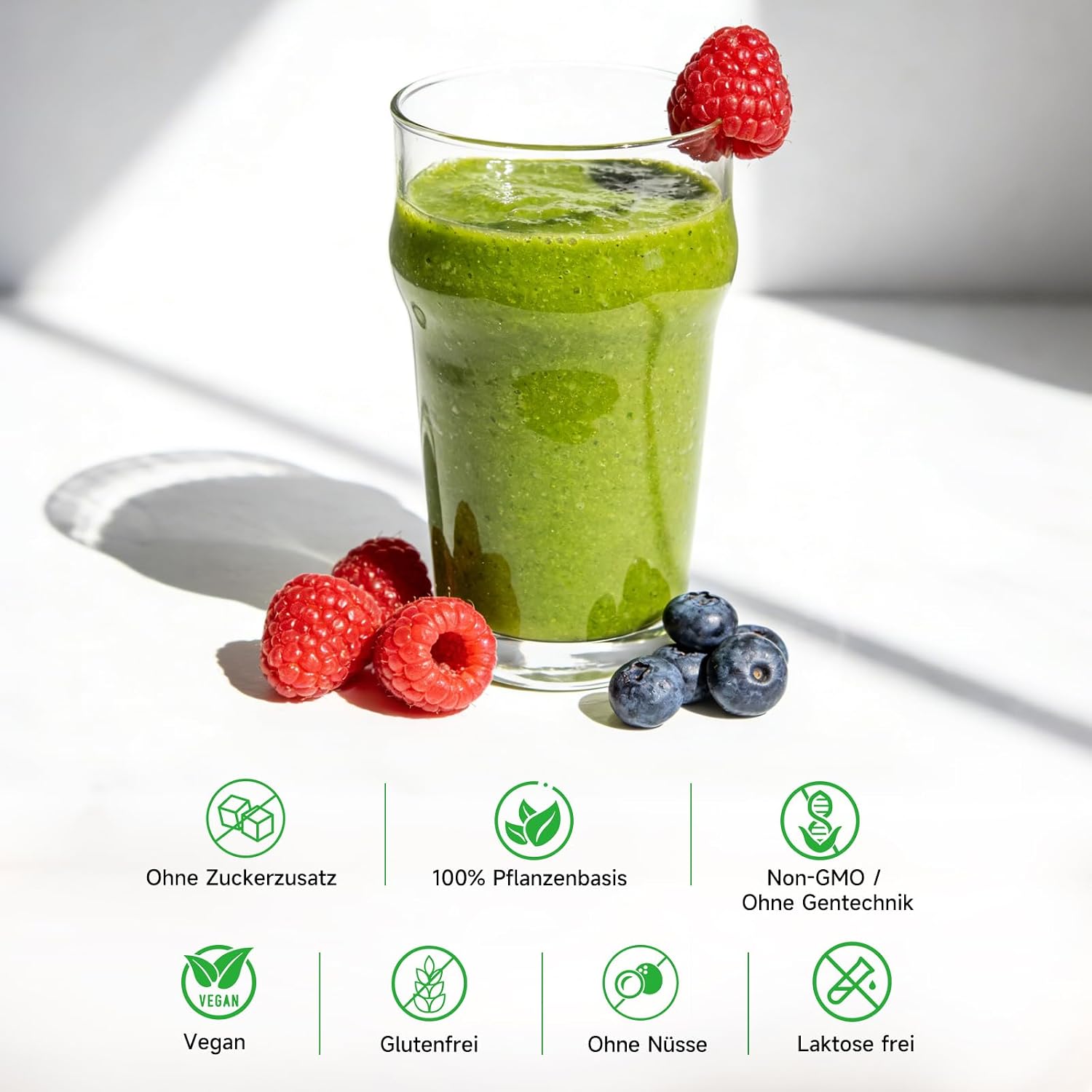 Detalle de Grünes Superfood Pulver 210g – Vegan Greens Mix mit Matcha, Spirulina, Gerstengras & Heidelbeere