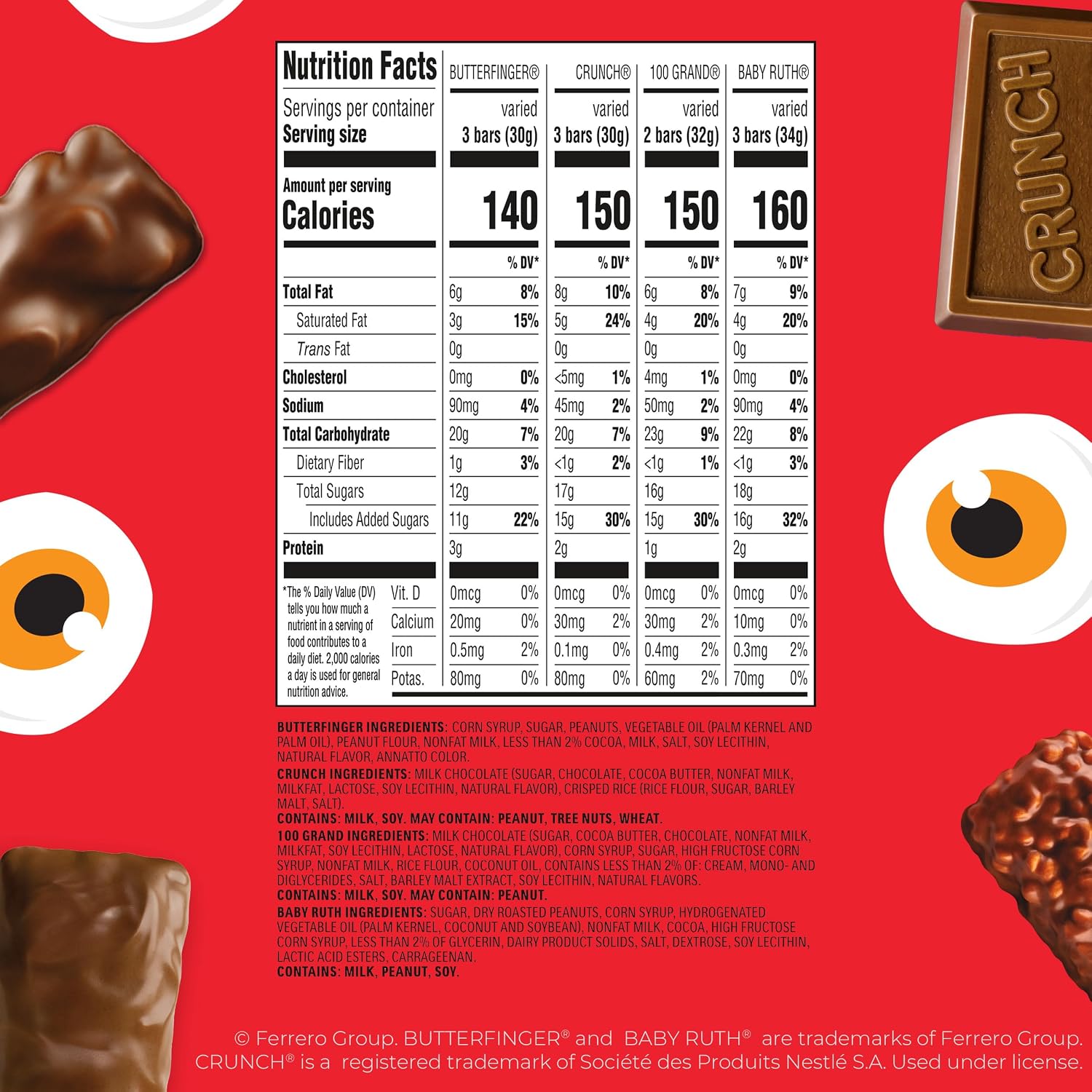 Detalle de Butterfinger, CRUNCH, Baby Ruth and 100 Grand Assorted Halloween Candy, 75 Count
