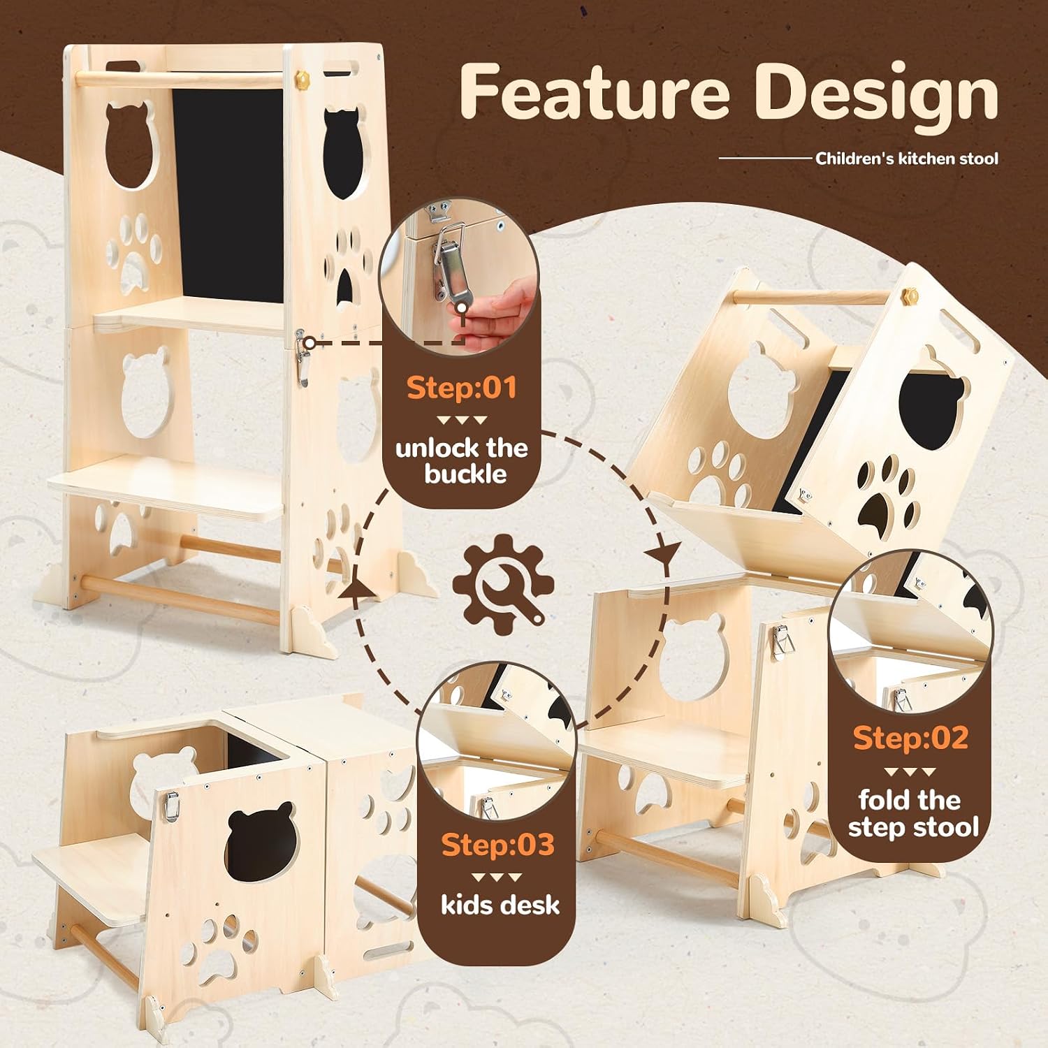 Detalle 2 de FOBIG Toddler Kitchen Step Stool, Solid Wood and MDF