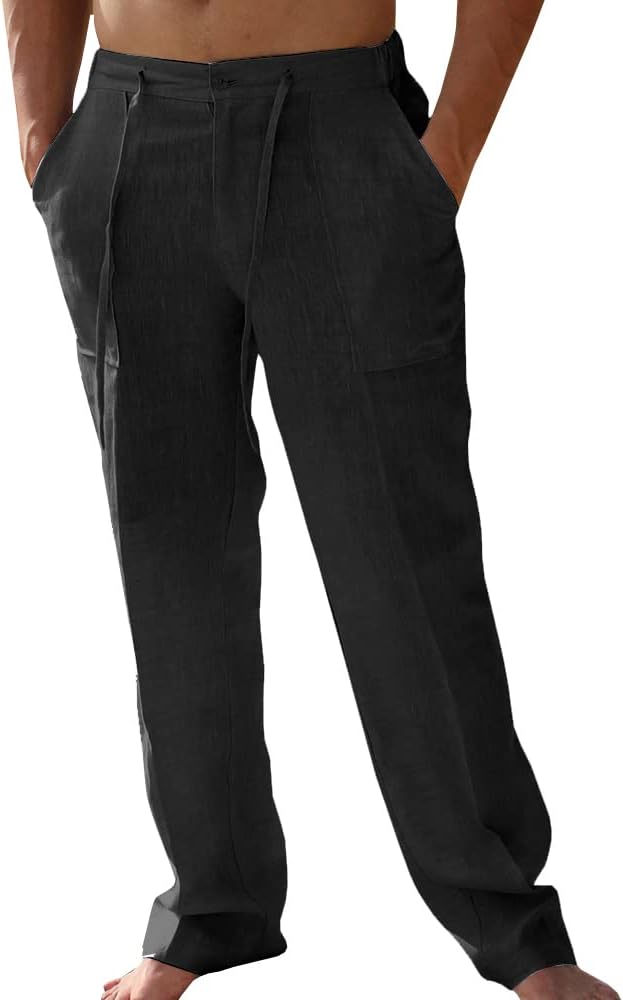 Detalle de PASLTER Mens Casual Linen Pants Loose Fit Drawstring
